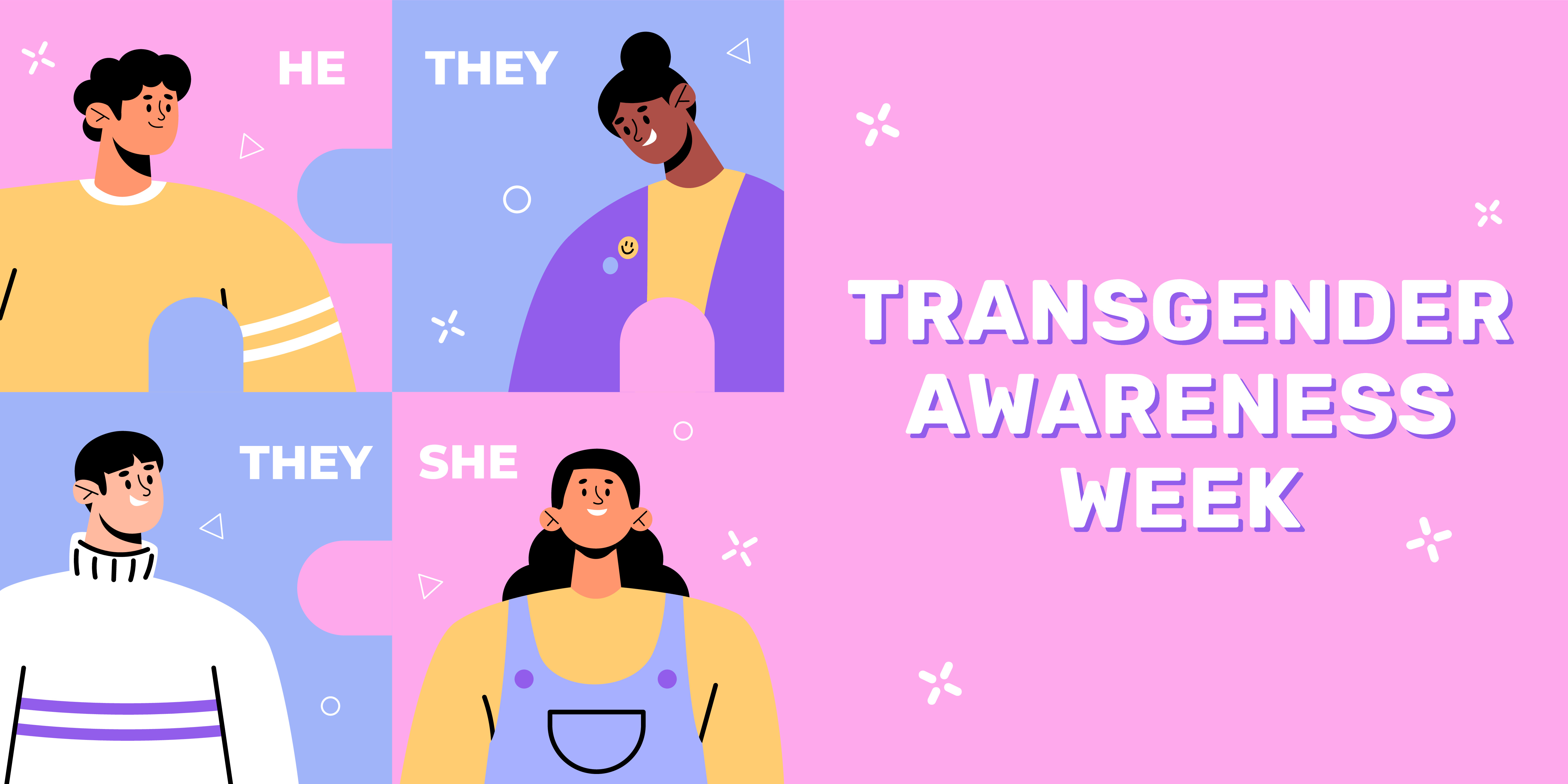 Illustration promoting Transgender Awareness Week featuring four cartoon-style characters with text labels "HE", "THEY", "THEY", "SHE" against a split background of pink and purple.