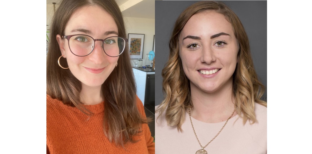 A split image of two smiling women, one with dark hair and glasses in an orange sweater, and the other with blonde hair in a pink blouse.