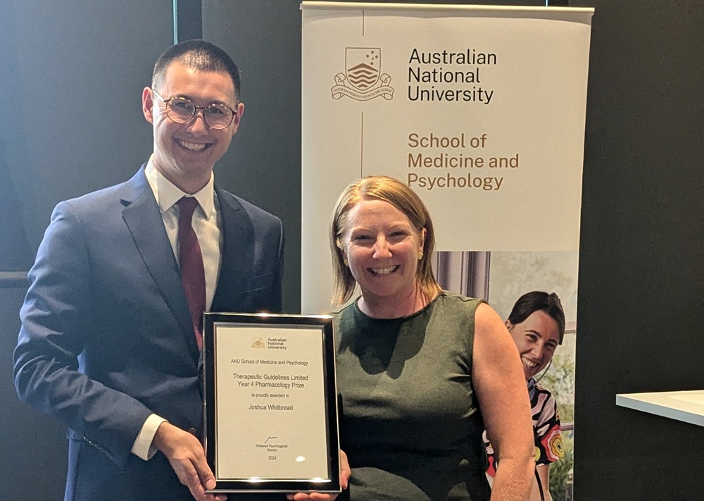 Joshua Whitbread received the Therapeutic Guidelines Year 4 Pharmacology Prize from Dr Karlee Johnston Joshua Whitbread received the Therapeutic Guidelines Year 4 Pharmacology Prize from Dr Karlee Johnston