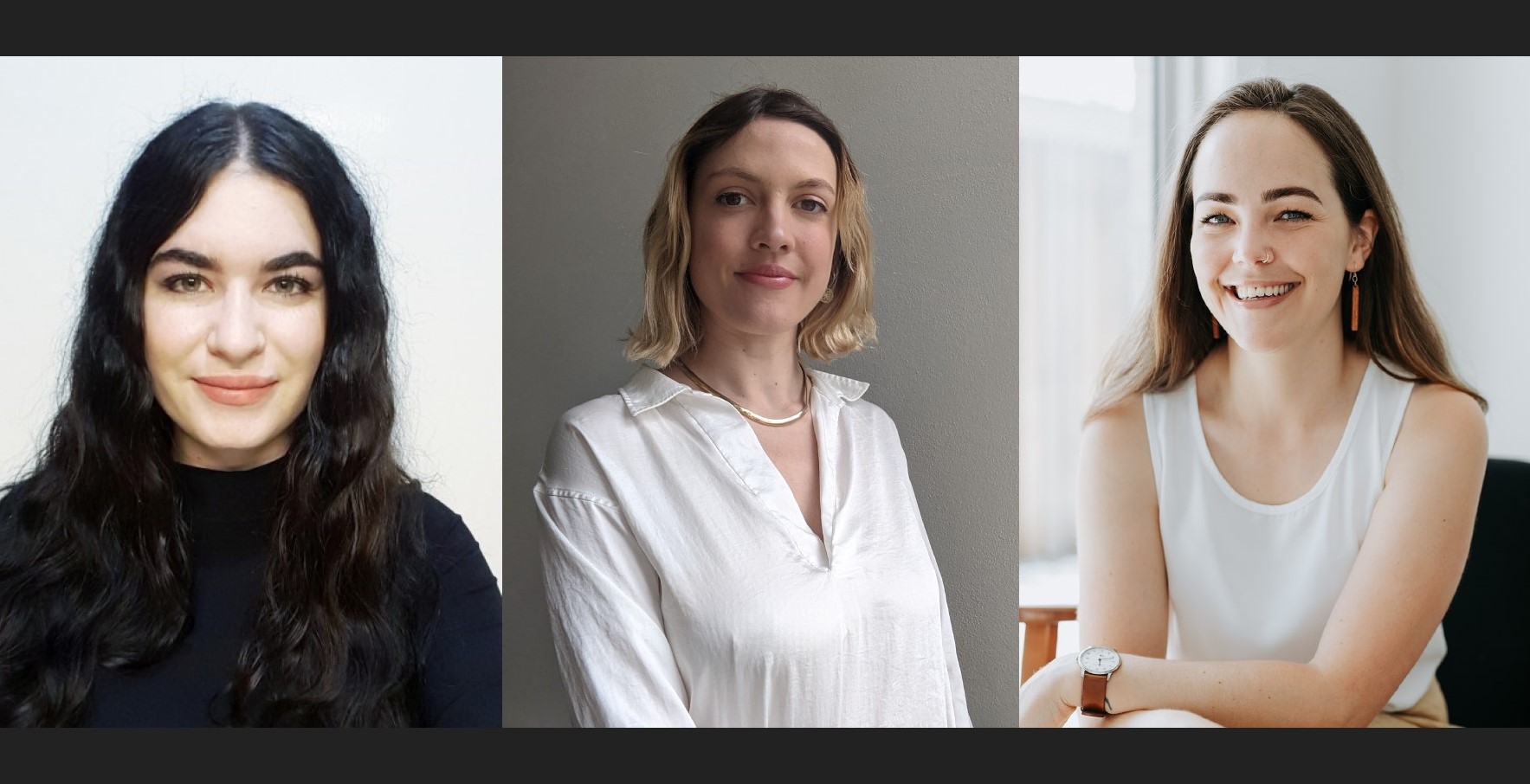 Three women smiling at the camera, each from different backgrounds, shown in separate portraits arranged side by side.