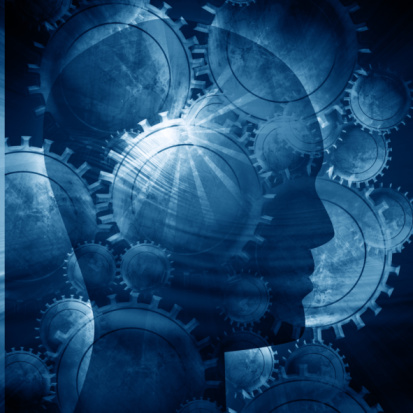 An abstract design featuring overlapping gears and a human silhouette in a monochrome blue tone.