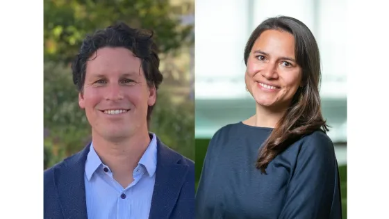 A split image featuring a smiling man on the left and a smiling woman on the right, both professionally dressed against blurred natural and indoor backgrounds, respectively.