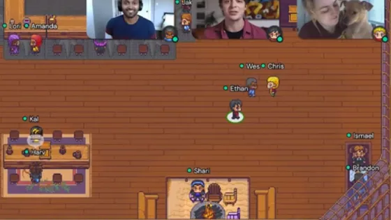 Screenshot of a video conference where three live video feeds of participants are overlaid on an animated game interface, showing both real people and their digital avatars interacting in a virtual space.