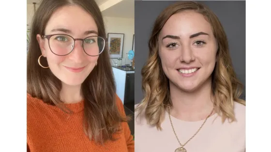 A split image of two smiling women, one with dark hair and glasses in an orange sweater, and the other with blonde hair in a pink blouse.
