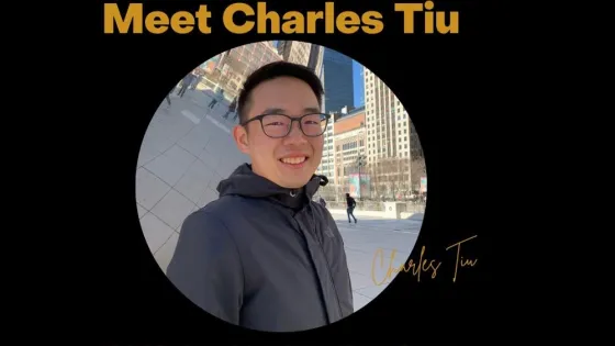 A promotional image for an event featuring a smiling man named Charles Tiu with urban background, highlighted within a circular frame on a black and gold presentation slide.