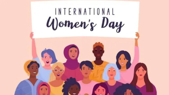 Illustration of a diverse group of women holding a banner that reads "International Women's Day."