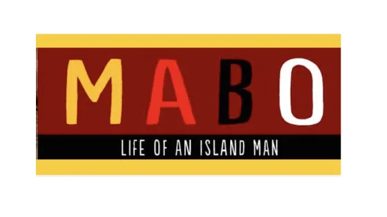 Logo design featuring the word "MABO" in bold letters with the subtitle "LIFE OF AN ISLAND MAN" below, set against a red and black background.