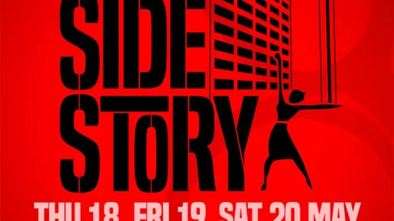 Promotional poster for "Bed Side Story," a show by ANU Med Revue at Canberra Grammar School, featuring silhouetted figures against a red background with event details and ticket prices.