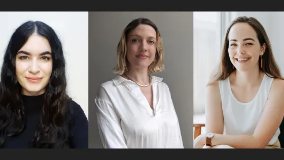 Three women smiling at the camera, each from different backgrounds, shown in separate portraits arranged side by side.