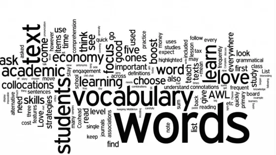 A word cloud featuring terms related to academia and learning, with the word "vocabulary" prominently displayed in the center.