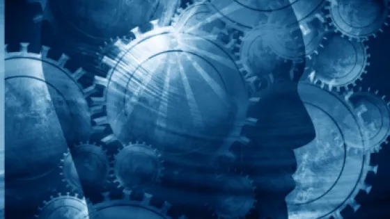 An abstract image featuring a blue-toned array of overlapping gears and a silhouette of a human head integrated into the mechanical design.