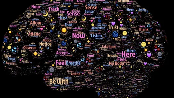 Colorful word cloud in the shape of a butterfly composed of motivational words and symbols related to mindfulness and positive affirmations.
