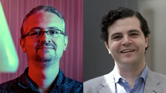 Two side-by-side portraits of men, one with a beard and glasses against a pinkish light background, and the other smiling without glasses against a neutral background.