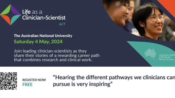 Promotional image for a clinician-scientist event dated May 4, 2024, at The Australian National University, featuring attendees and event details.