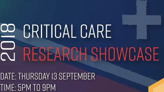 Promotional graphic for the 2018 Critical Care Research Showcase event on 13 September, from 5 PM to 9 PM, featuring stylized text and a medical cross symbol.