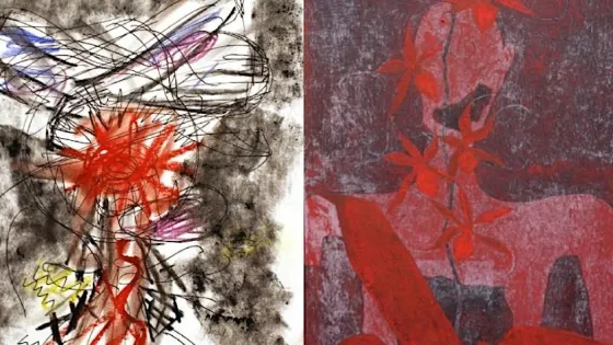Two abstract artworks side by side; the left features chaotic, colorful lines over a muted background, and the right displays a red silhouette with floral elements over a dark backdrop.
