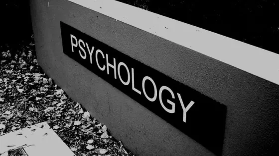 A black and white photo of a low concrete wall with the word "PSYCHOLOGY" in bold white letters.