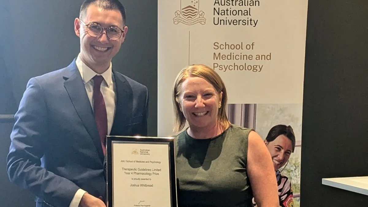 Joshua Whitbread received the Therapeutic Guidelines Year 4 Pharmacology Prize from Dr Karlee Johnston
