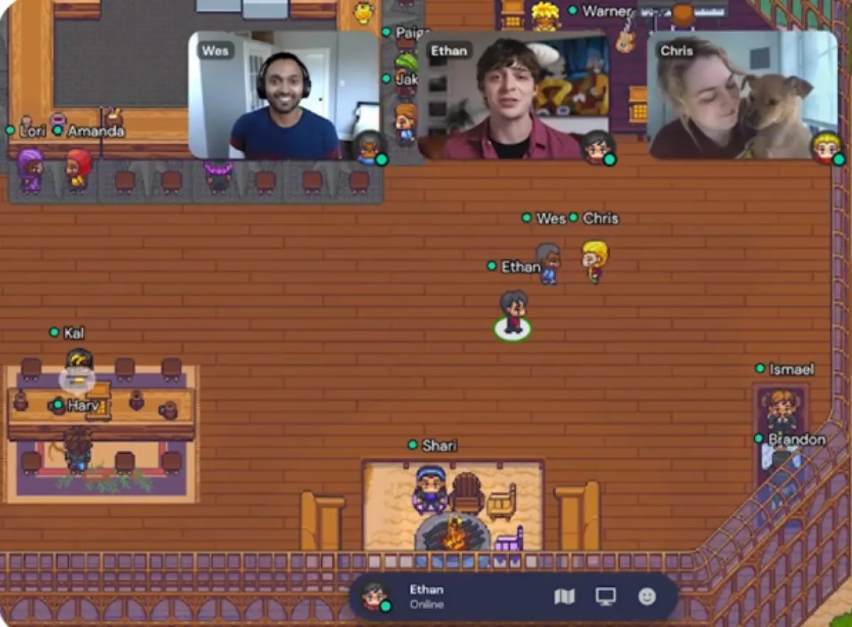 Screenshot of a video conference where three live video feeds of participants are overlaid on an animated game interface, showing both real people and their digital avatars interacting in a virtual space.