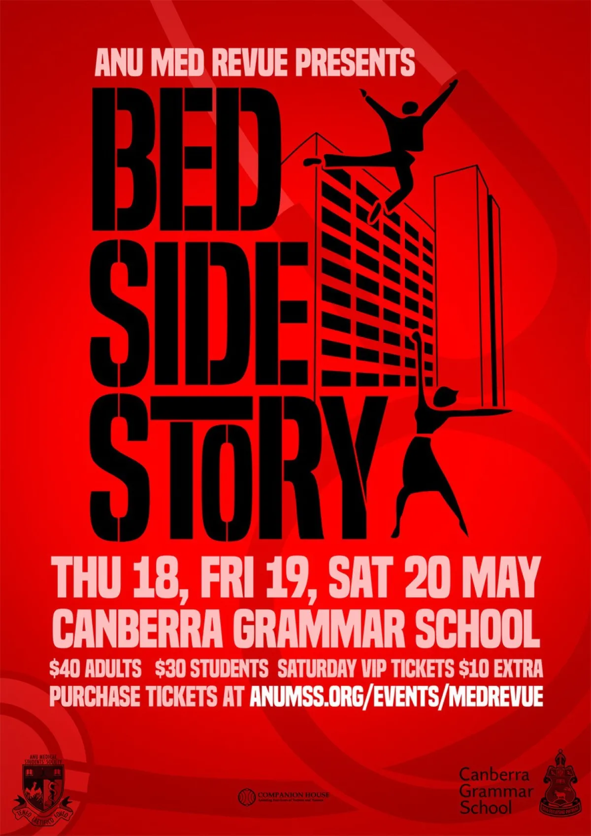 Promotional poster for "Bed Side Story," a show by ANU Med Revue at Canberra Grammar School, featuring silhouetted figures against a red background with event details and ticket prices.