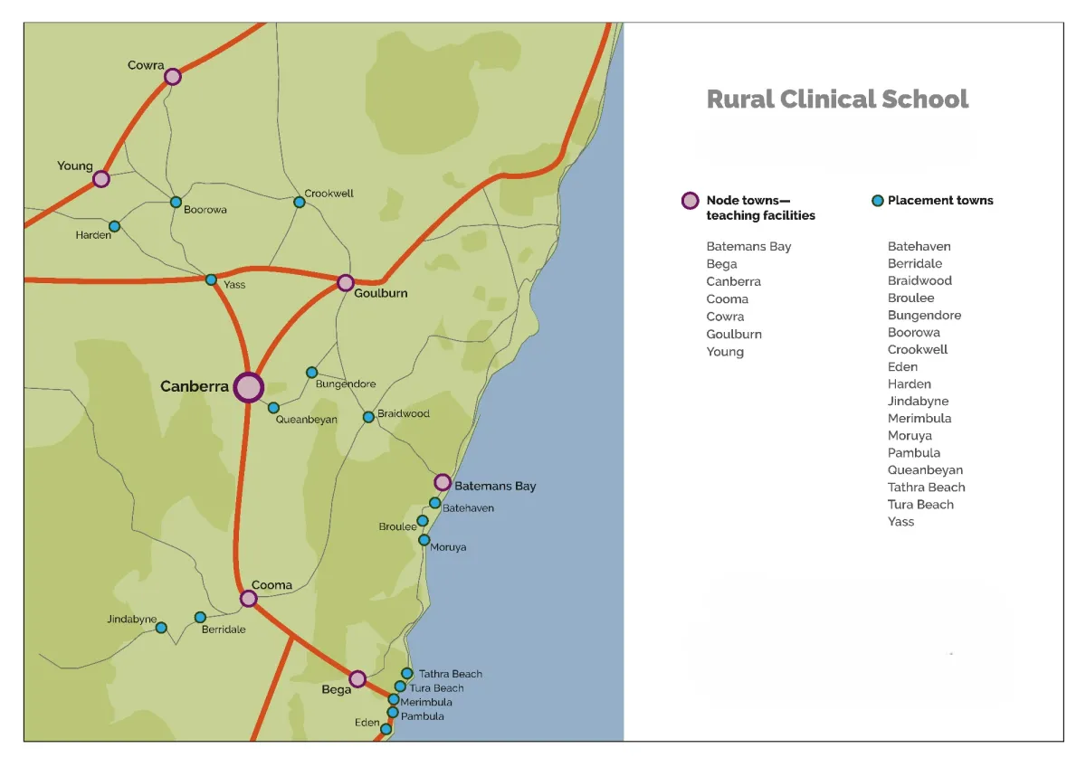 Map of South Eastern NSW where the Rural Clinical School teaches and where the project hopes to recruit GPs for this research