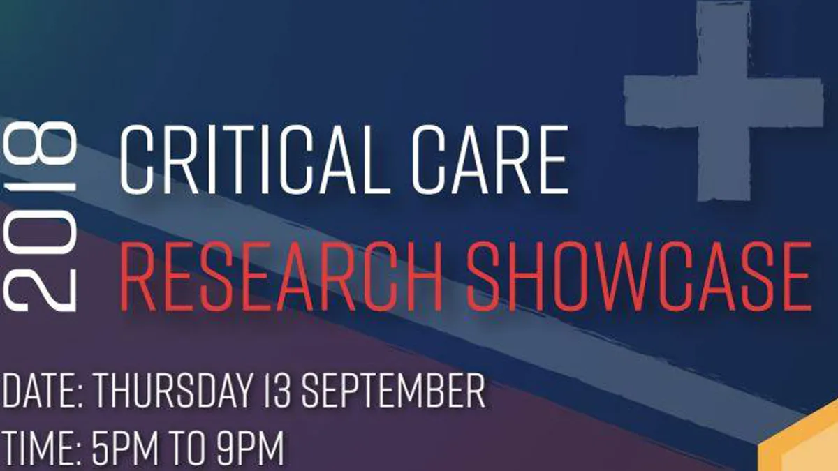 Promotional graphic for the 2018 Critical Care Research Showcase event on 13 September, from 5 PM to 9 PM, featuring stylized text and a medical cross symbol.
