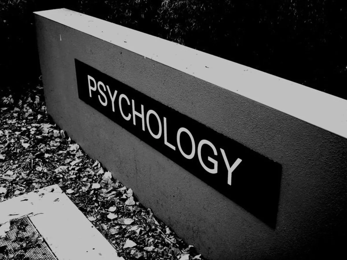 A black and white photo of a low concrete wall with the word "PSYCHOLOGY" in bold white letters.