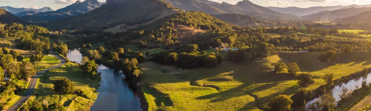 Drone view of Tweed River and Mount Warning, New South Wales, Australia