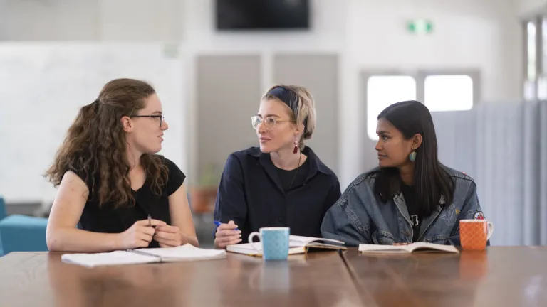 Tuckwell Scholars Ellie George, Chloe Harpley and Sachini Poogoda study at Scholar's House, Australian National University.