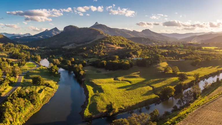 Drone view of Tweed River and Mount Warning, New South Wales, Australia