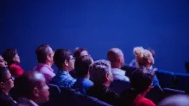 Crowd seated in theatre style seating looking towards presenter
