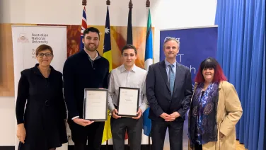 Image of Rachel Stephen-Smith, Minister for Health (ACT); scholarship recipients Alexander Slockee and Burnum Brademann; Paul Fitzgerald, Director, School of Medicine and Psychology; and Julie Tongs, CEO, Winnunga Nimmityjah Aboriginal Health &amp; Community Services