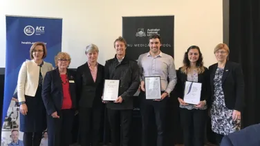 Meegan Fitzharris MLA, ACT Minister for Health, Gaye Doolan, Professor Imogen Mitchell, Cree de Clouett, Harrison Slockee, Stephanie Pollard and Rachel Stephens-Smith MLA, ACT Minister for Aboriginal &amp; Torres Strait Islander Affairs