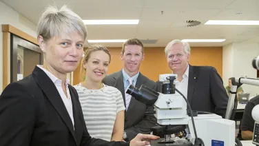 ANU Medical School Dean Professor Imogen Mitchell, ANU graduate Dr Eilidh Gilritchie, Year 3 medical student Greg Threlfall and ANU Vice-Chancellor Professor Brian Schmidt. Image: Stuart Hay, ANU.